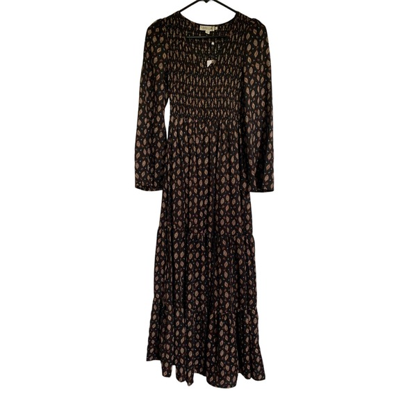 Molly Bracken Boho Tiered Maxi Smocked Black Feather Print Peasant Dress XS NWT - Picture 2 of 9
